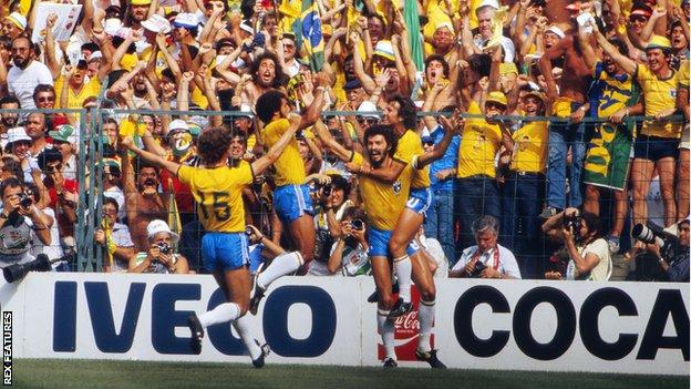 Brazil and Socrates celebrate scoring against Italy at the 1982 World Cup