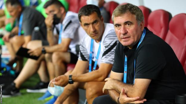 Gheorghe Hagi on the bench during his time in charge of Romanian side Viitorul Constanta