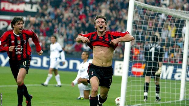 AC Milan's Andriy Shevchenko celebrates scoring against Inter Milan in the first leg of the Champions League quarter-final in 2005