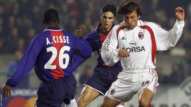 Mikel Areta plays for Paris St Germain against AC Milan