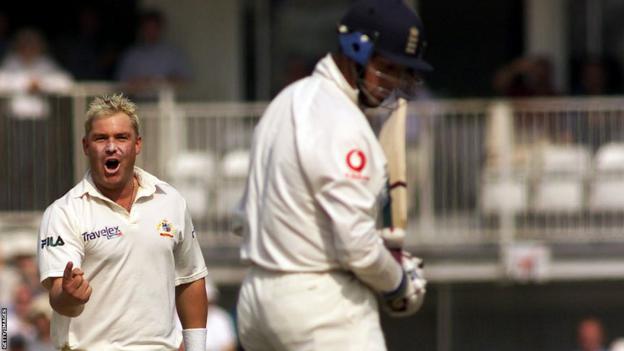 Shane Warne celebrates after bowling Marcus Trescothick in an Ashes match in 2001