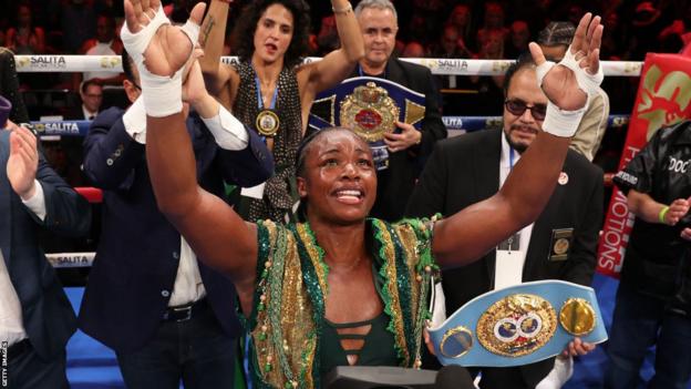 Claressa Shields looks to the skies after victory over Maricela Cornejo in Detroit