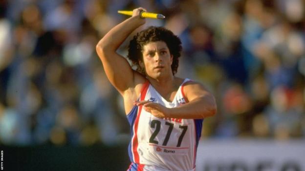 Fatima Whitbread throws the javelin during the 1987 World Championships in Rome
