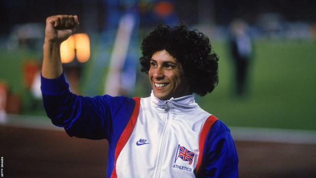 Fatima Whitbread celebrates after winning European gold in 1986