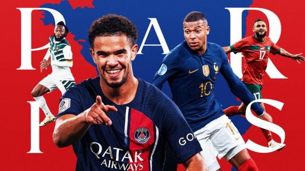 A composite image featuring Georges Kevin Nkoudou, Warren Zaire-Emery, Kylian Mbappe and Sofiane Boufal