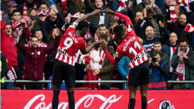 Inaki and Nico Williams celebrate in front of Athletic Bilbao fans