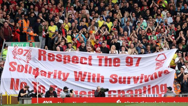Nottingham Forest fans display a banner at Anfield