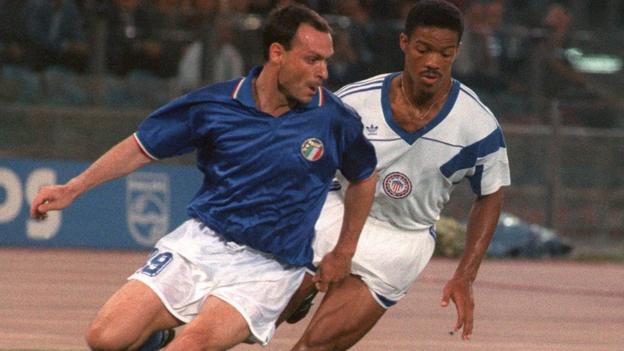 United States defender Jimmy Banks tracks Salvatore 'Toto' Schillaci, who would go on to become the 1990 World Cup's top goalscorer, during the meeting with Italy in Rome